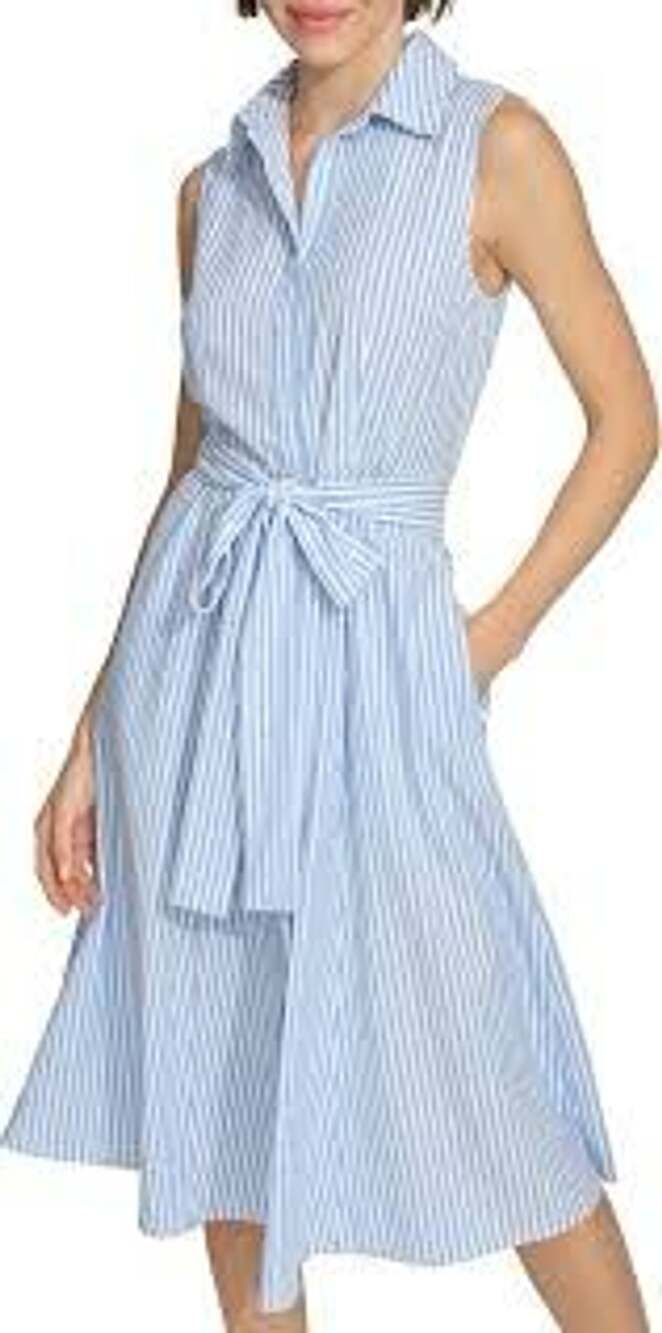 Ann Taylor Factory Pinstripe Shirtdress Size 0 Blue Sleeveless Belt